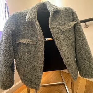 Good American Soft Blue Grey Sherpa Jacket Faux Shearling Cropped Size 00 / 0